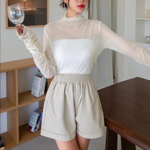 Beige Cowl Neck Mesh Long Sleeve Top Sz XL (6) - Picture 4 of 10